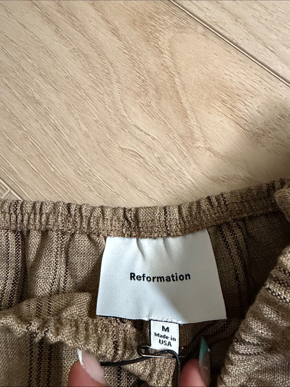 Reformation Nora Tan Brown Striped Linen-Blend Shorts - Picture 3 of 3